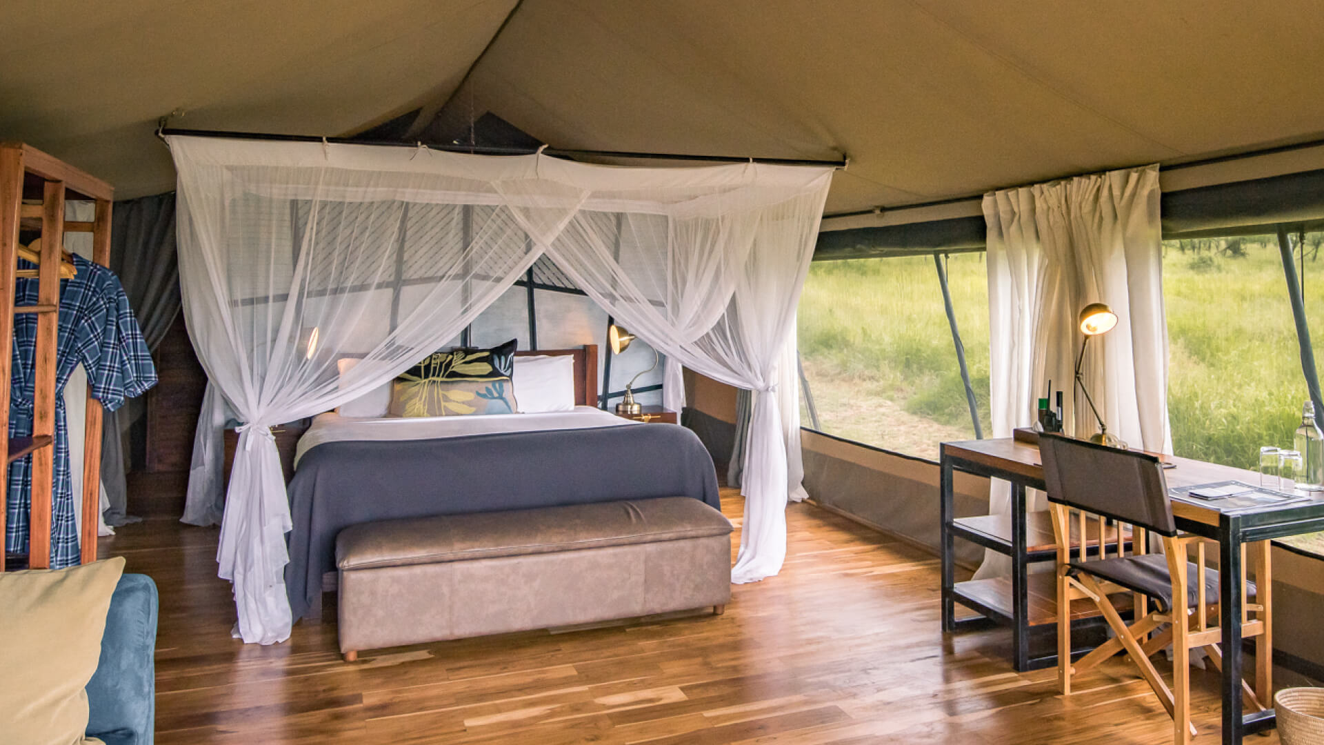 Inside view of guest tent at Dunia Camp