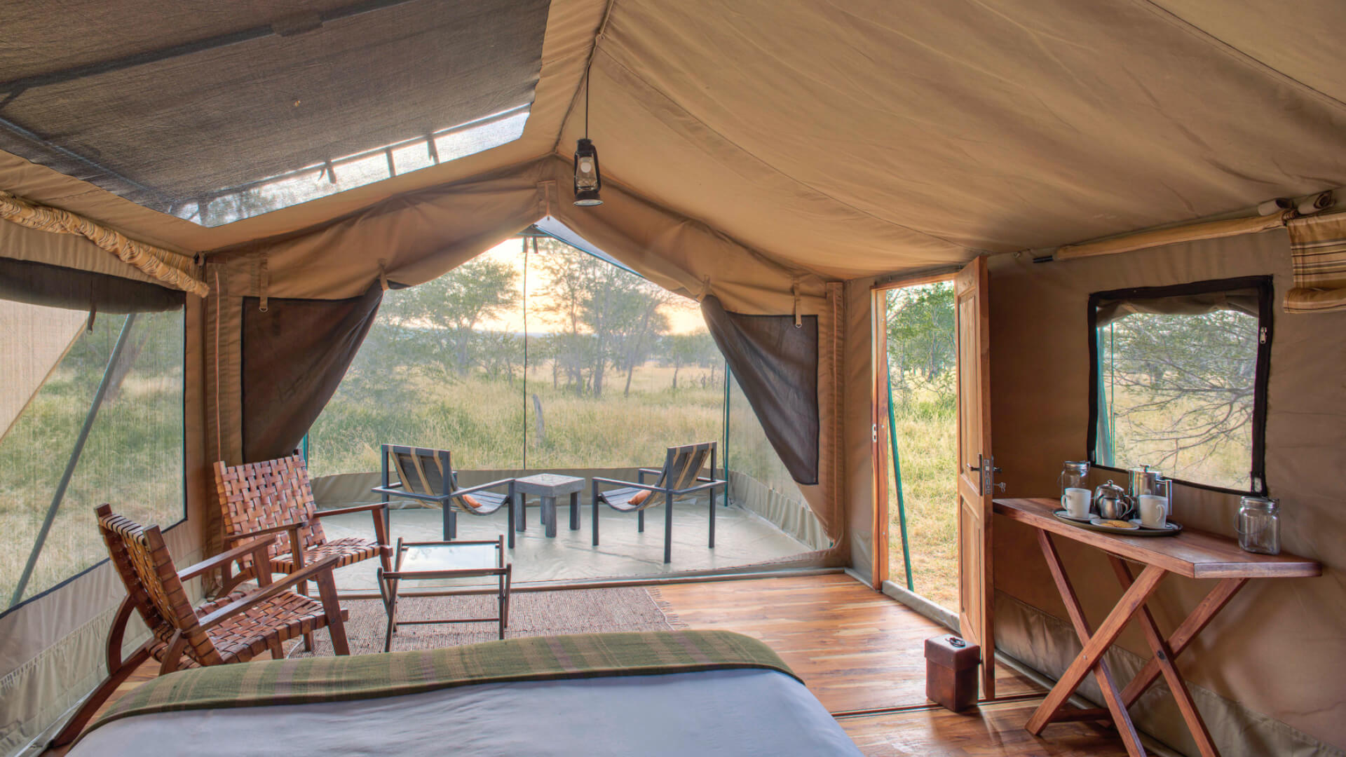 Asilia Olakira Migration Camp, inside view of guest tent and stargazing, Serengeti National Park, Tanzania