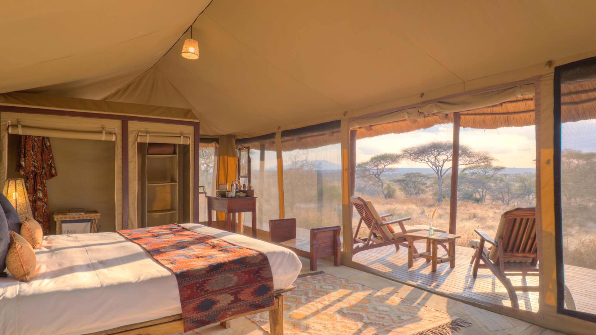 Inside view of guest tent bedroom, olivers camp, Tarangire National Park, Tanzania