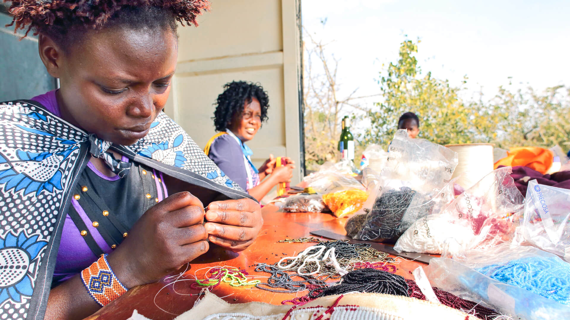 Traditional Maasai women craft beaded items