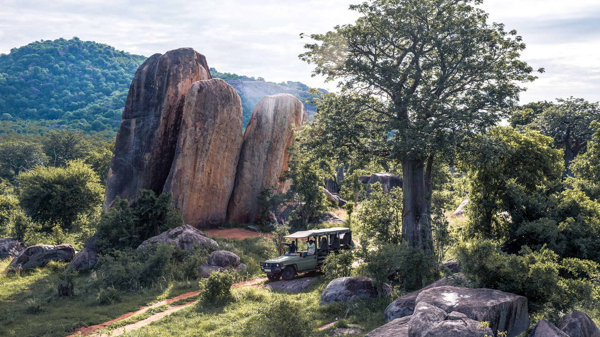 Game drives past baobab trees and granite boulders, Ruaha National Park