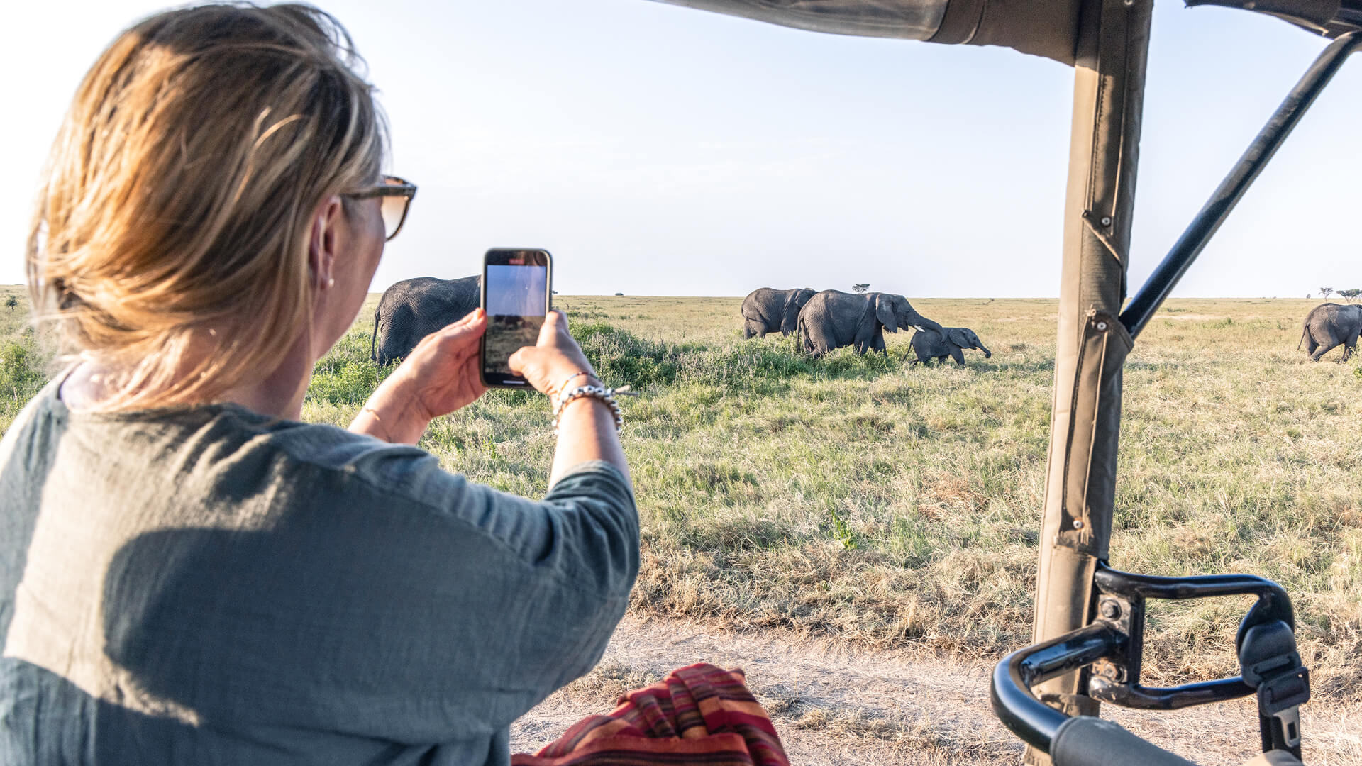 A female guest takes a photo on her phone from the safari vehicle in Tanzania - Asilia Africa