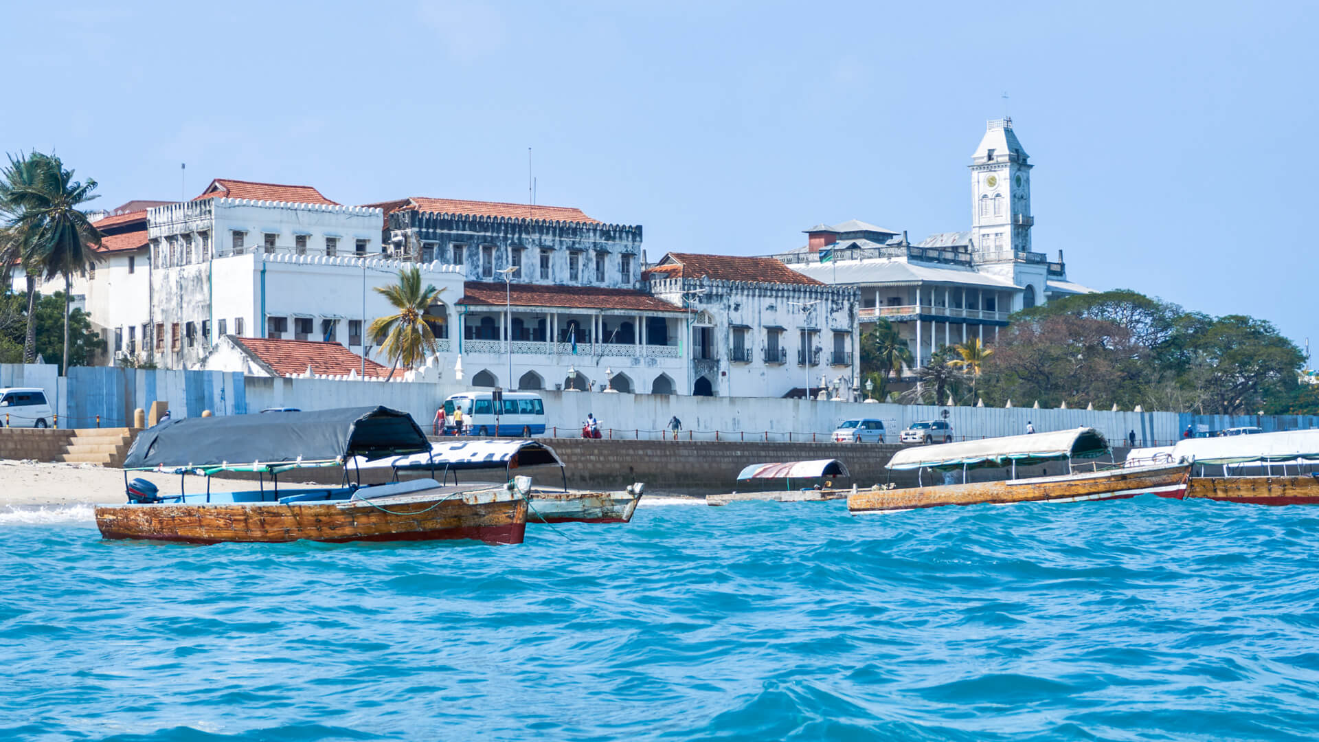 Sight seeing boats anchored off the coast of Stone Town.