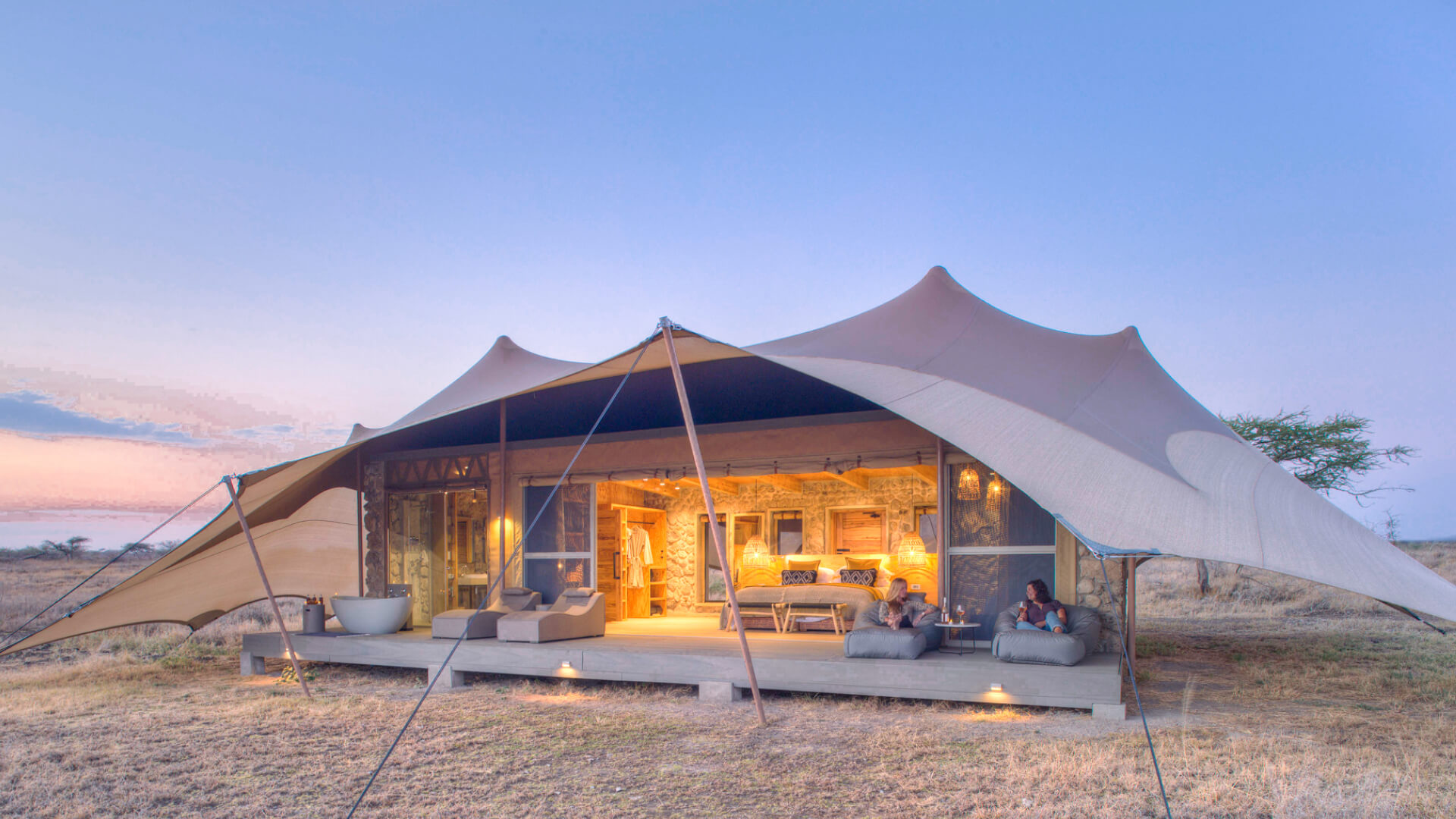 Luxury safari tent at dusk