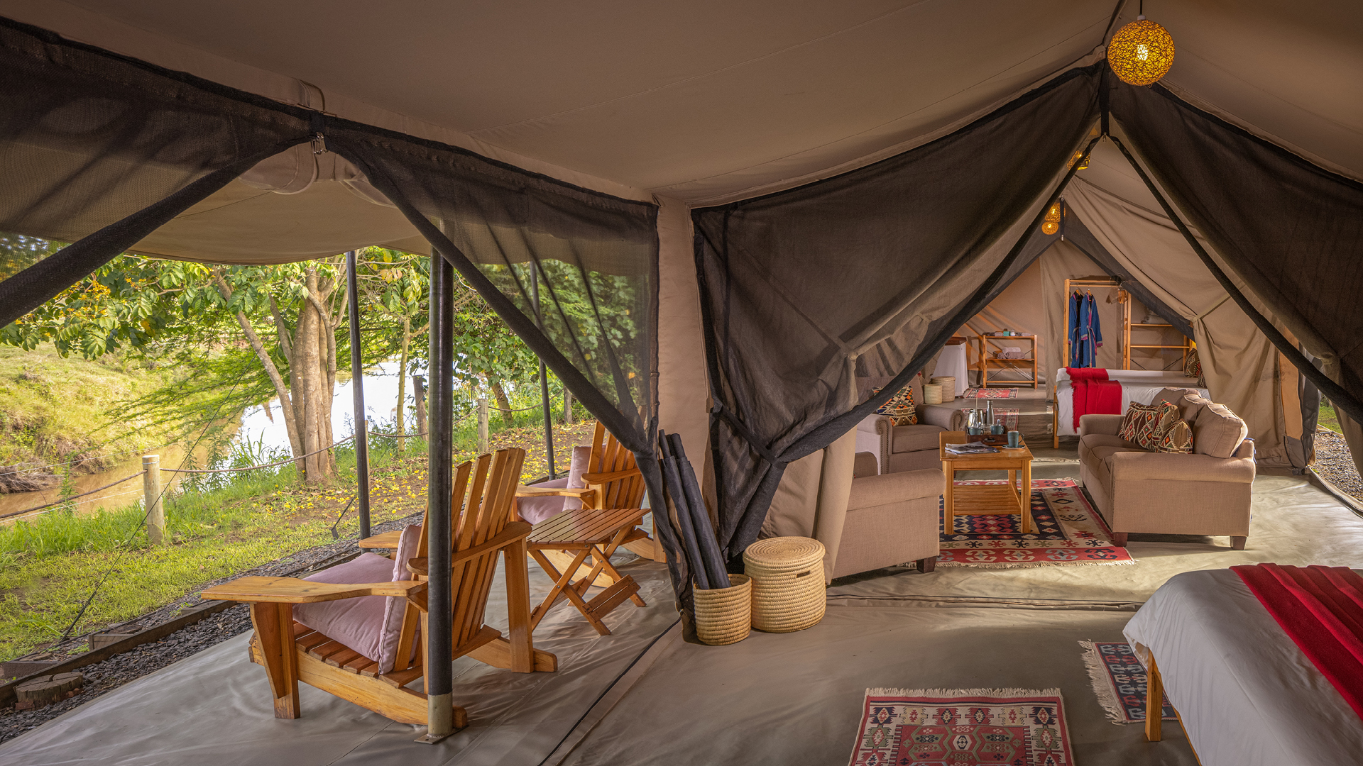 internal view of the family tent at ol pejeta bush camp in kenya east africa, asilia africa