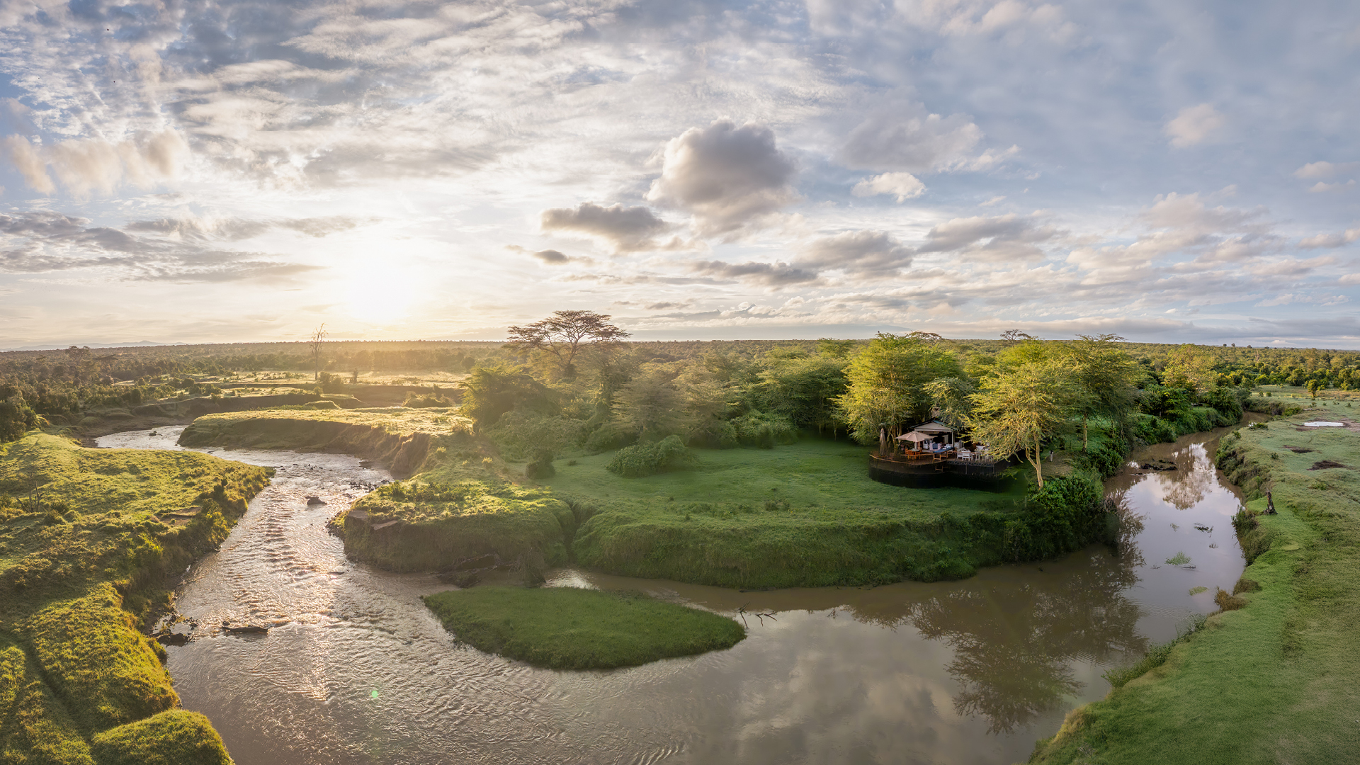 aerial view of ol pejeta bush camp and the ewaso nyiro river in kenya, asilia africa