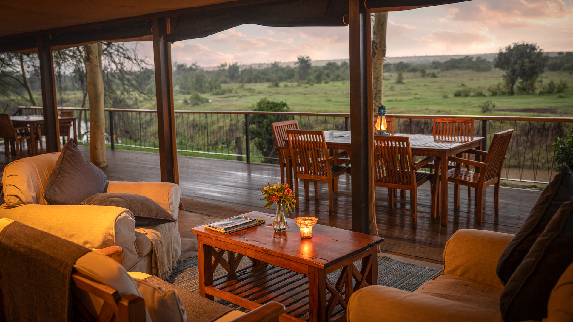 looking out from the lounge area at sunset in ol pejeta bush camp in kenya east africa, asilia africa