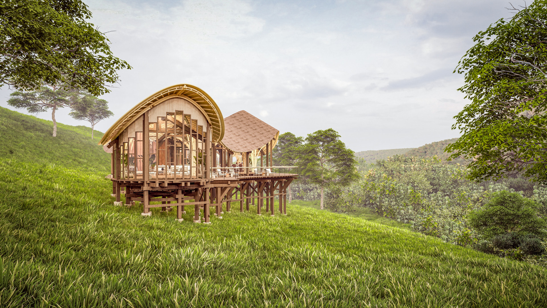 Render of the main area from the side on a grassy ledge amidst trees and greenery Erebero Hills Uganda