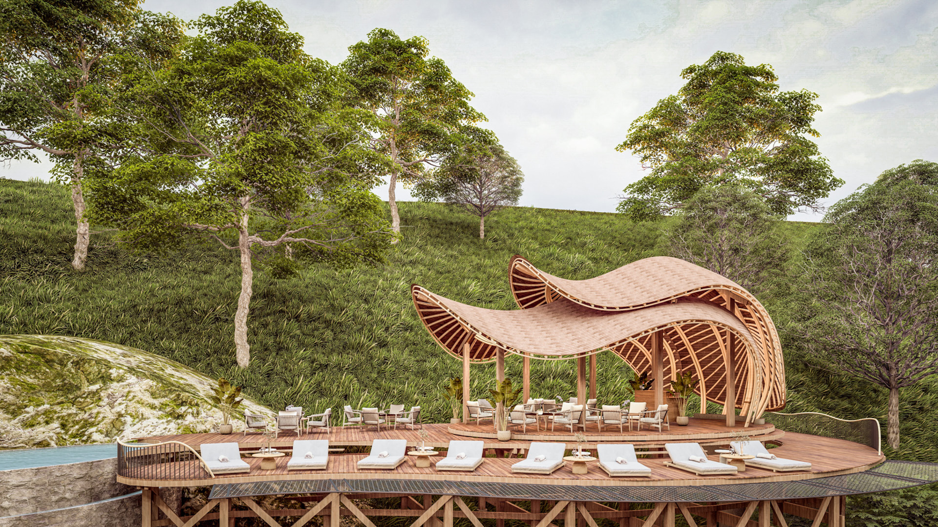 Render of the deck area with loungers and shaded area Erebero Hills Uganda