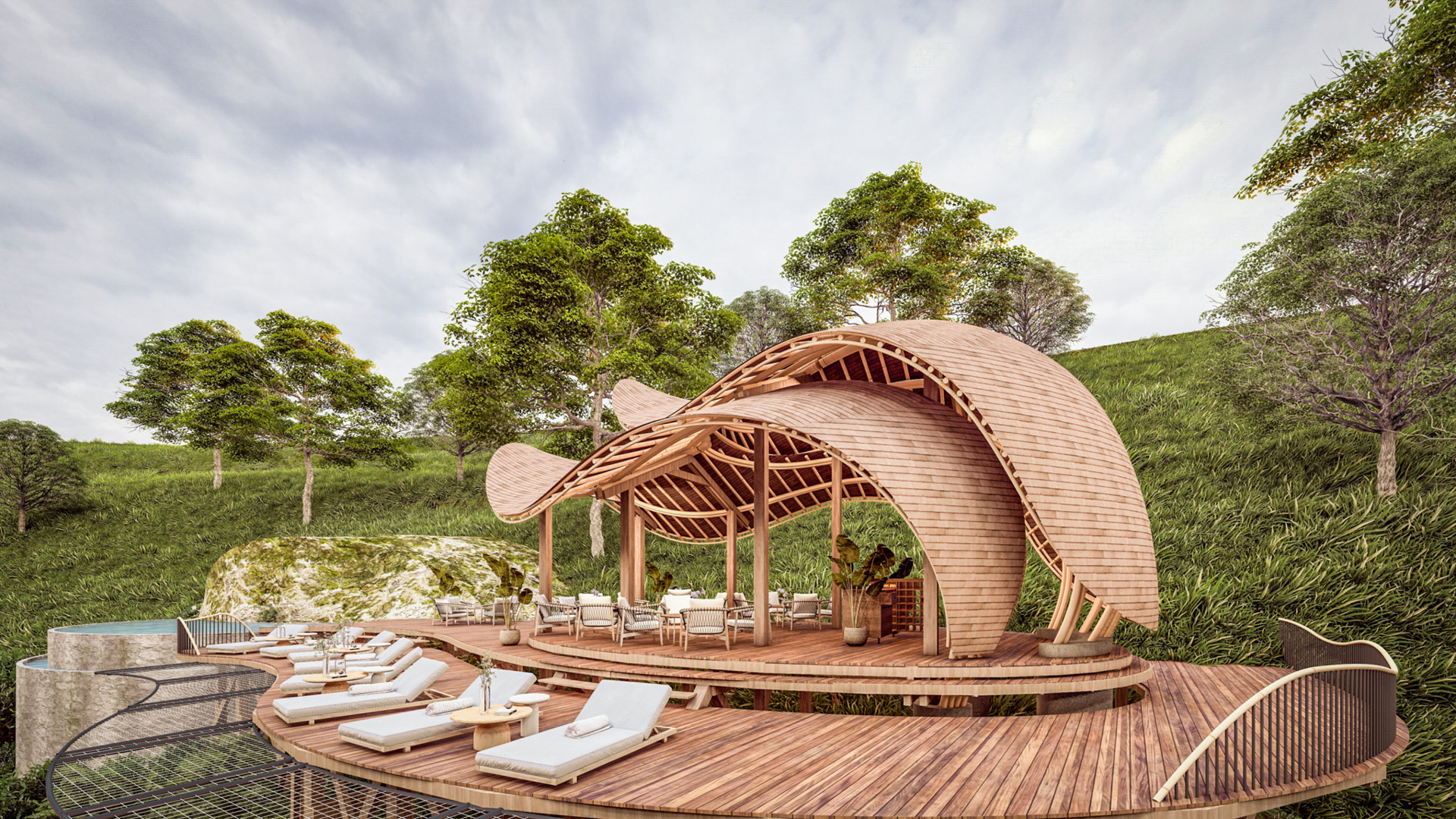 Render of pool with the deck, sun loungers and shade Erebero Hills Uganda