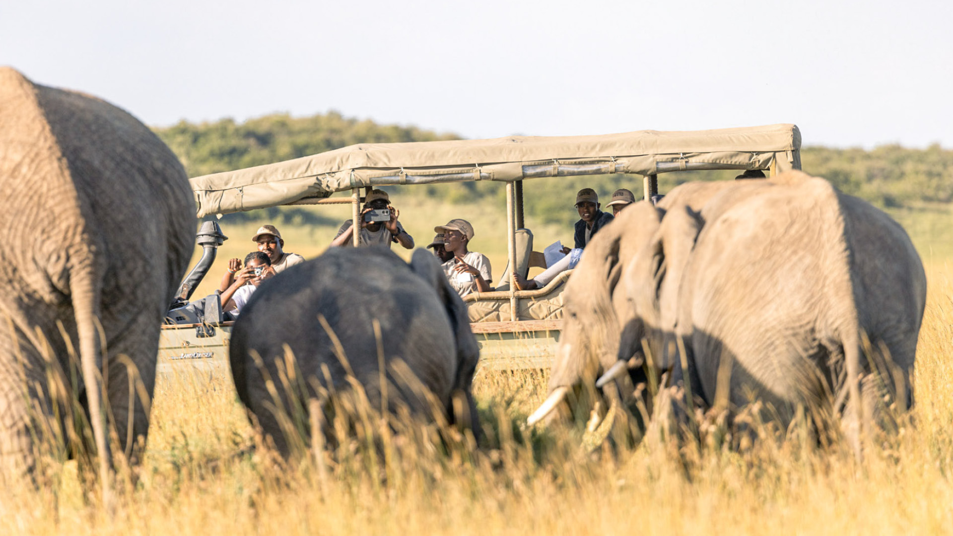 Children in a safari vehicle observing rhino on an Asilia Africa Twende Porini trip at Rekero Camp in Tanzania