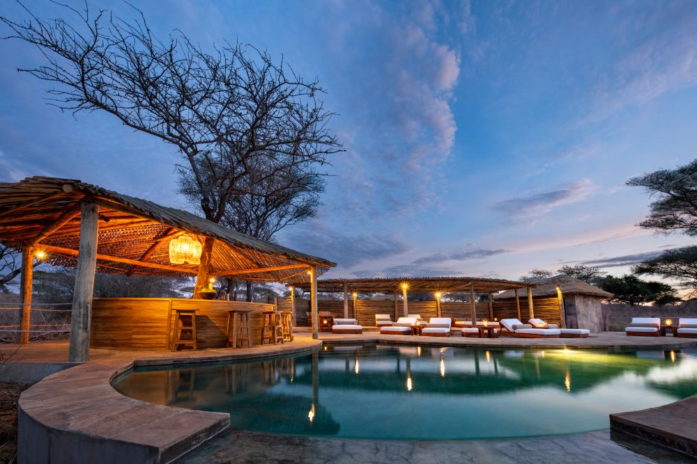 The swimming pool and pool-side bar at Oliver's Camp, Tarangire National Park.