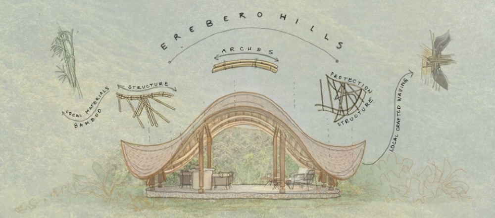 A sketch of the Welcoming Area detailing the creation of the structure, Erebero Hills, Uganda.