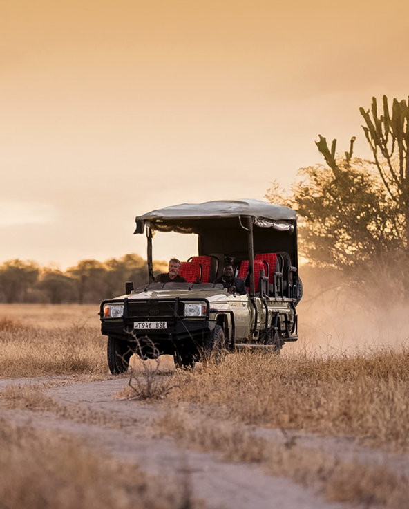 an asilia africa safari vehicle driving along the dusty track at dusk in southern tanzania