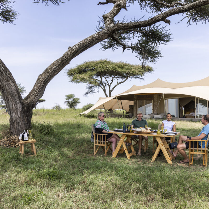 2 couples eating lunch at Namiri Plains