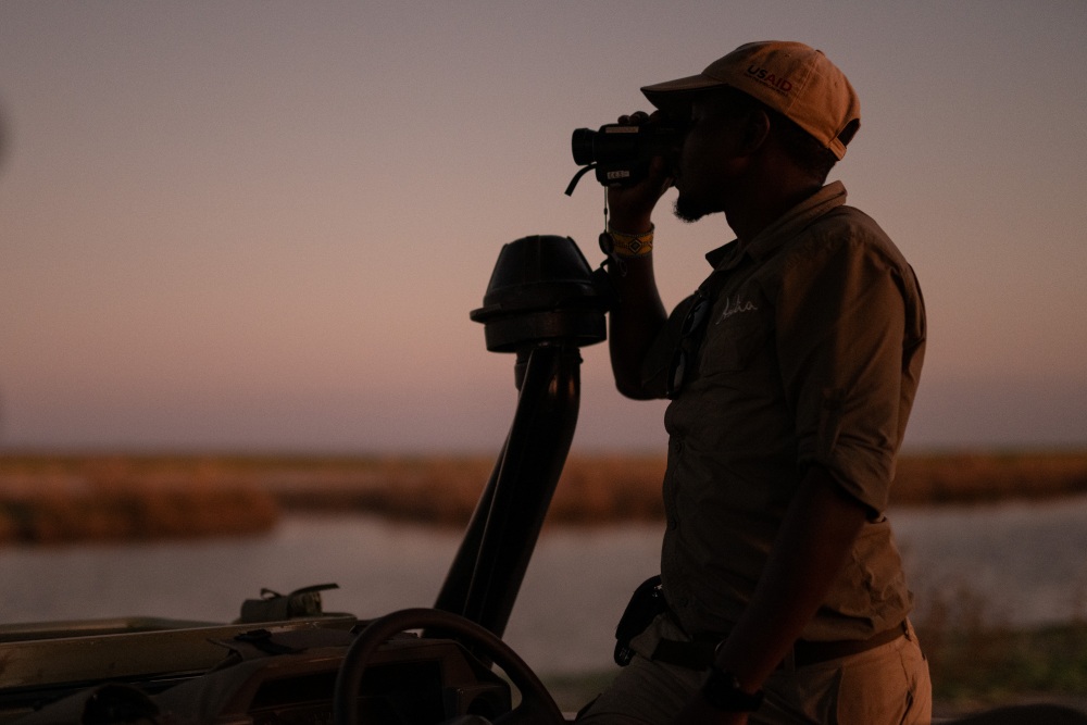 A guide scans the surrounding landscape at dusk, Tanzania.
