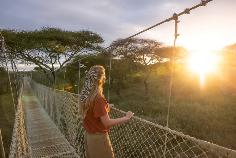 A guest enjoys the view from the elevated bridge in Oliver's Camp, Tarangire National Park.