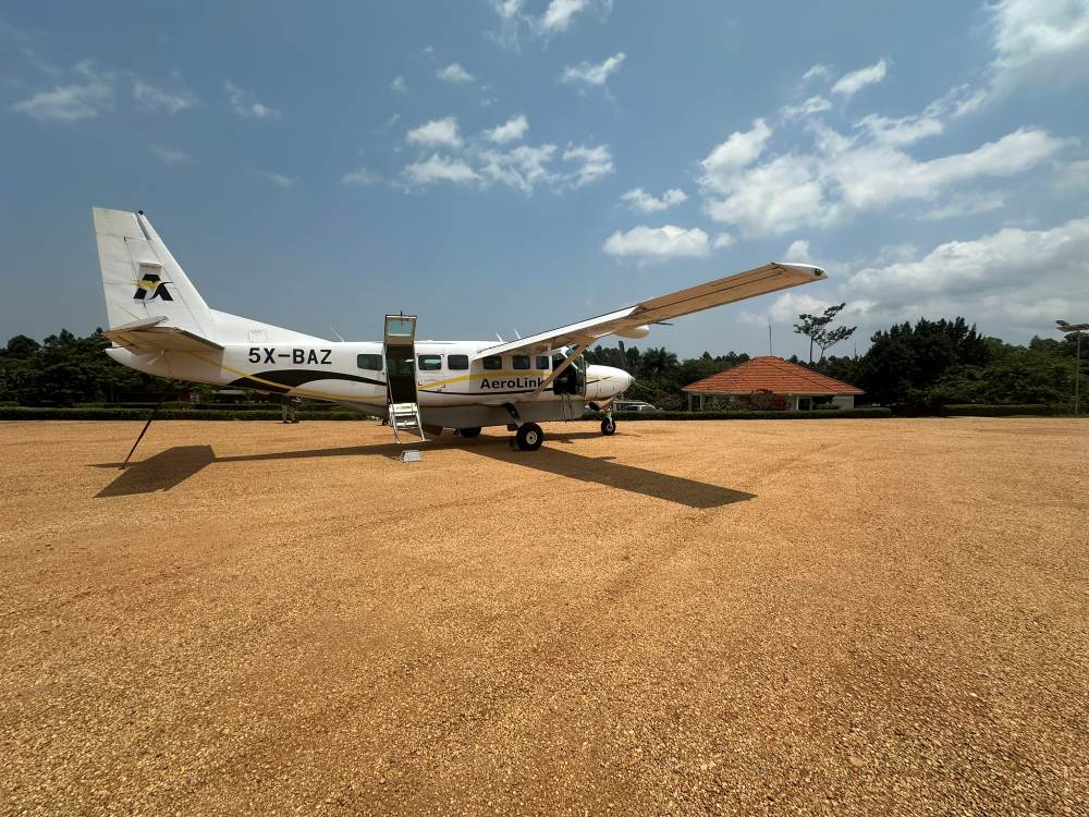 An Aerolink plane at Kihihi Airstrip, Uganda.