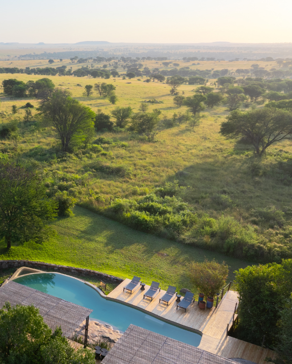 An aerial view of the swimming pool at Sayari Camp overlooking the Serengeti.