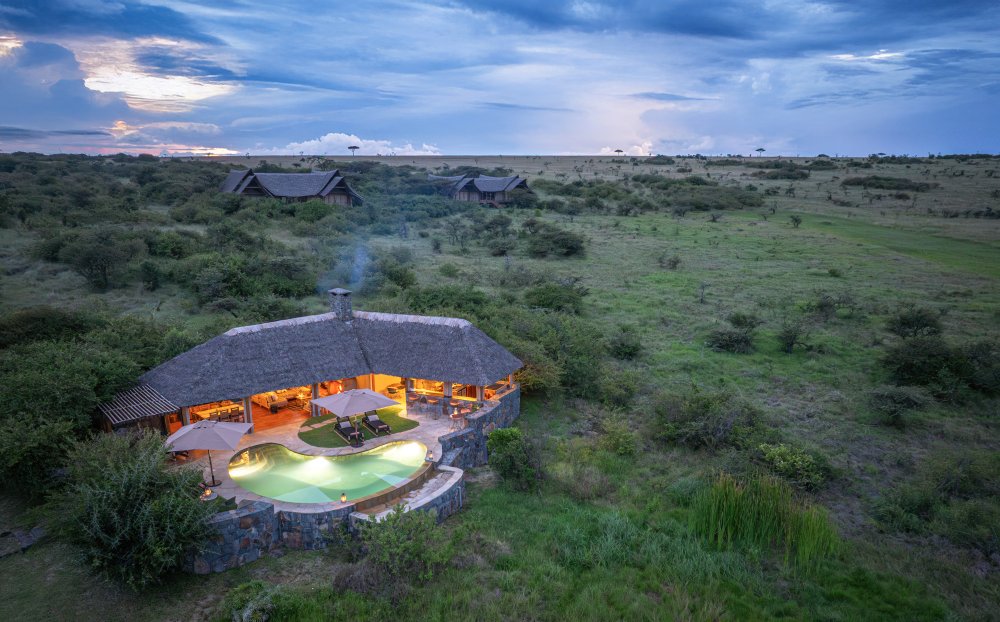 An aerial view of the swimming pool area at Naboisho Camp, Mara Naboisho Conservancy, Kenya.