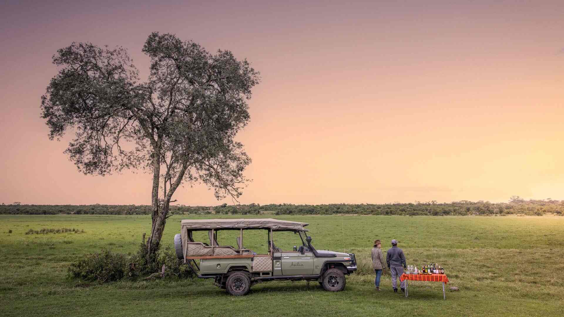 Two guests stand beside an Asilia Africa vehicle and a drinks table set up on open green grassland beneath a lone tree, bathed in soft pink and peach sunset light, Ol Pejeta Conservancy, Kenya.