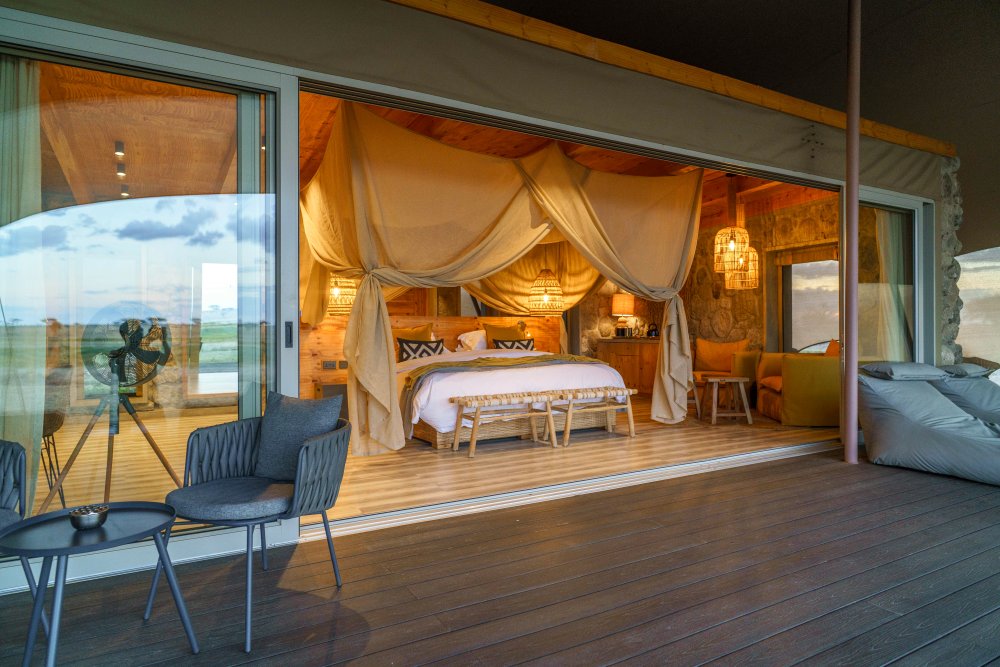 The interior of a guest suite at Namiri Plains, Serengeti National Park, Tanzania.